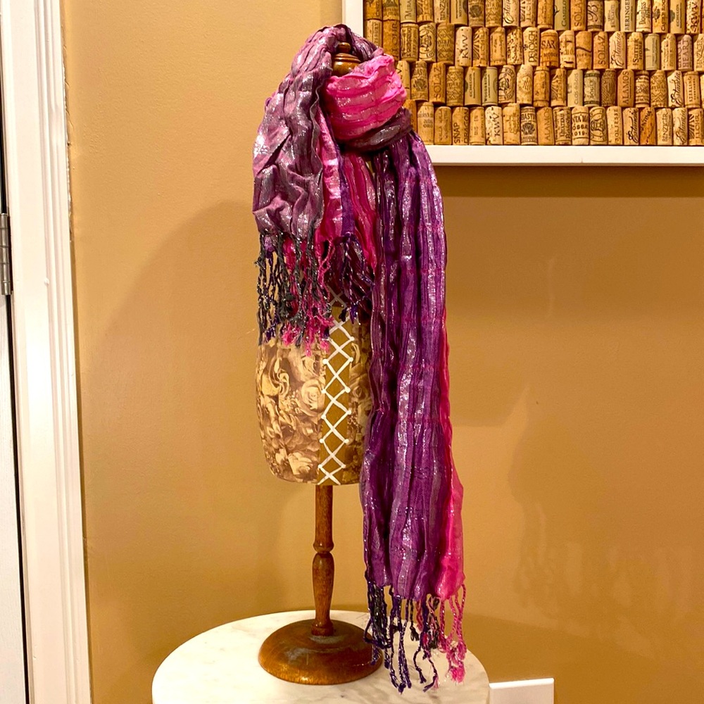 Elizabeth Gillet Pink & Purple Silver Metallic Scarf.  66” length